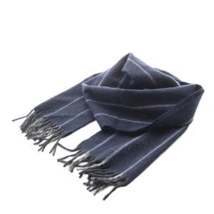 マフラー フリンジ ストライプ柄 ウール アンゴラ混 紺 ネイビー /AN6