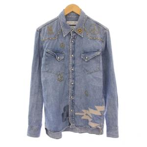 ウエスタンシャツ デニム カジュアル 長袖 レギュラーカラー ビジュー 装飾 刺繍 L 水色 ライトブルー