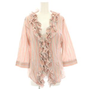 シャツ ブラウス ストライプ フリル 七分袖 L 赤 レッド ピンク 73136 /HN