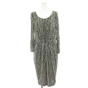 ワンピース ひざ丈 総柄 八分袖 バルーン 黒 ブラック 白 ホワイト 662105470000 /HN