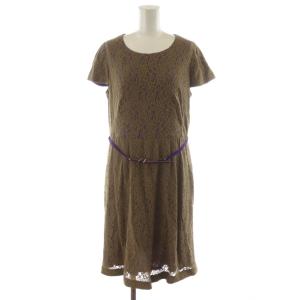 ワンピース ひざ丈 半袖 レース ベルト付き カーキ 紫 パープル /AN54