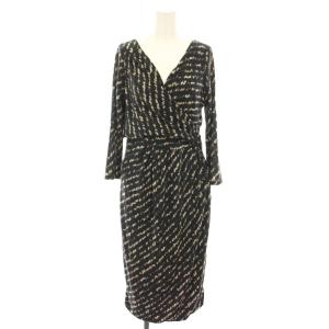 ワンピース ひざ丈 カシュクール風 長袖 総柄 42 黒 ブラック ベージュ 16260303000 /YT