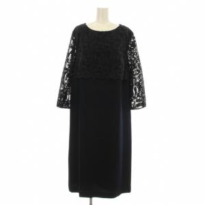 23SS ワンピース ミモレ ロング 長袖 フェイクレイヤード レース 大きいサイズ 46 紺 ネイビー