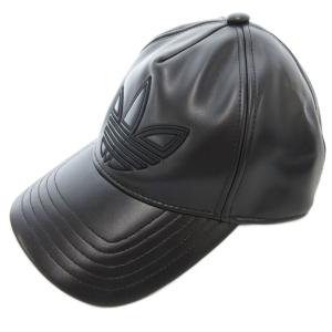 ベースボールキャップ 帽子トレフォイル アウトライン フェイクレザー 58cm 黒 ブラック /AE