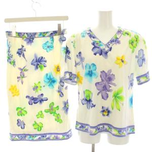 fashion セットアップ 上下 カットソー Tシャツ 半袖 Vネック タイトスカート ひざ丈 花柄