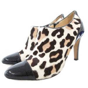 ハラコブーティー ヒール サイドジップ 38 黒 ブラック 白 ホワイト レオパード柄 ヒョウ柄 /GV