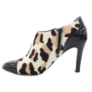 FABIO RUSCONI ハラコブーティー ヒール サイドジップ 38 黒 ブラック 白 ホワイト レオパード柄 ヒョウ柄 /GV