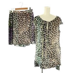 セットアップ スカート ブラウス アニマル柄 シルク 40 42 ブラック マルチカラー /ES
