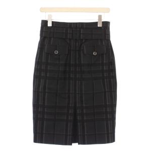BURBERRY LONDON タイトスカート ダブル ひざ丈 ウール混 ベルト チェック柄 38 黒 ブラック /BB