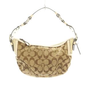 シグネチャー ワンショルダーバッグ ハンドバッグ キャンバス レザー 茶 ブラウン 白 ホワイト 6266