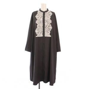 doily lace シャツOP ドーリーレースシャツワンピース ひざ丈 長袖 バンドカラー ストライプ柄