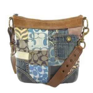 ショルダーバッグ パッチワーク ロゴ シグネチャー 総柄 キャンバス レザー 切替 青 ブルー 茶 ブラウン