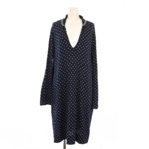 ワンピース ひざ丈 長袖 スキッパー ストレッチ ドット柄 シルク 3 紺 ネイビー /BB