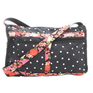 LesportSAC ショルダーバッグ 斜め掛け クロスボディ ポーチ付 ドット柄 花柄 ナイロン 黒 ブラック 赤 レッド