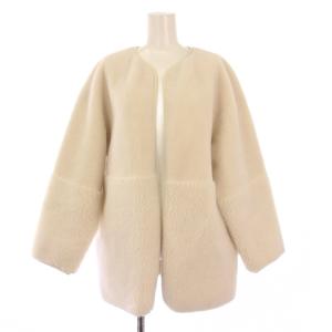 ボアジャケット ノーカラー アウター ショート丈 前開きトッパー ワンカラー ウール混 S 白 ホワイト