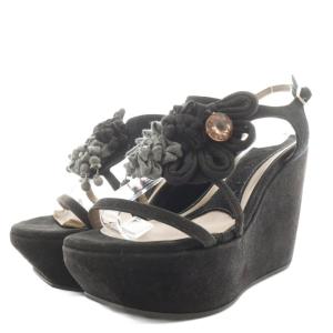 サンダル ウェッジソール 厚底 ストラップ フラワーモチーフ スエード 36 黒 ブラック /AN20