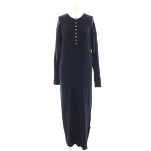 22AW ニットワンピース リブ マキシ ロング 長袖 ウール混 紺 ネイビー 22-040-200-9000-3-0