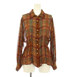 シャツ ブラウス 長袖 シアー シースルー レギュラーカラー チェック柄 シルク M 茶 ブラウン /BB