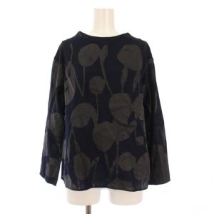 シャツ ブラウス プルオーバー 長袖 クルーネック プリント 総柄 3 紺 ネイビー 黒 ブラック /BB