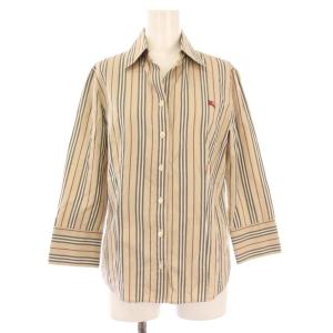 シャツ ブラウス 長袖 オープンカラー ロゴ 刺繍 ストライプ柄 40 ベージュ /BB