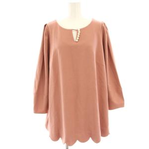 チュニック カットソー パールデザイン キーホールネック 八分袖 スカラップ 46 ピンクブラウン 51036-208