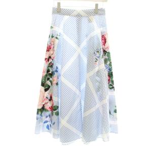 フレアスカート ロング マキシ チェック柄 花柄 プリント 36 水色 白 ホワイト 510101916