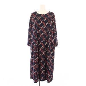 ワンピース ミモレ ロング 七分袖 クルーネック ストレッチ 総柄 13 紺 ネイビー /BB