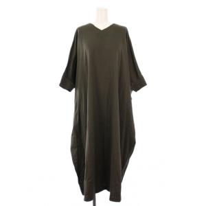 ワンピース ミモレ ロング 五分袖 フレンチスリーブ Vネック ストレッチ 無地 F チャコールグレー