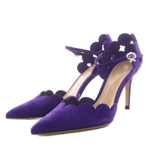 パンプス ポインテッドトゥ ヒール ストラップ スカラップ スエード 37 紫 パープル 40422 /AN4