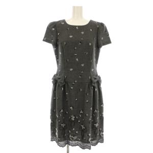 ワンピース フレア ひざ丈 半袖 花柄 刺繍 ウール 38 グレー 521562 /KU