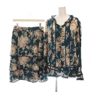 セットアップ 上下 シャツ ブラウス 刺繍 レース 長袖 ティアードスカート ひざ丈 花柄 9 緑 ベージュ