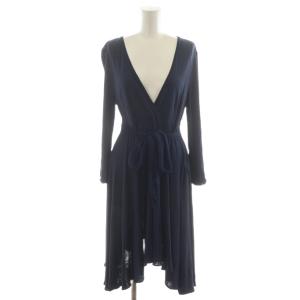 ワンピース ひざ丈 長袖 Vネック カシュクール ウエストリボン 絹 シルク 28/42 紺 ネイビー