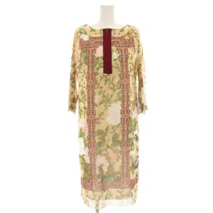 ワンピース ひざ丈 花柄 総柄 七分袖 シフォン 38 ベージュ 08175241 /HN