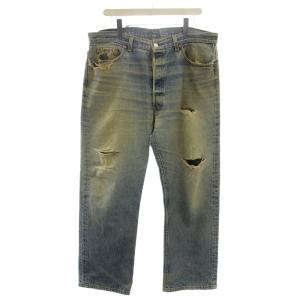 90's デニムパンツ 501 裏ボタン刻印546 ダメージ加工 40 ブルー