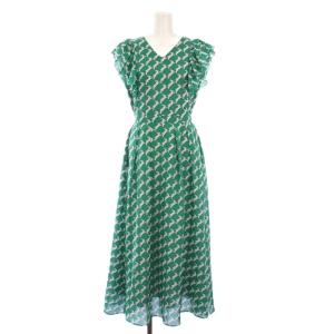 フレアワンピース ミモレ ロング 半袖 フリル うさぎ柄 ウサギ柄 2 緑 グリーン /BB