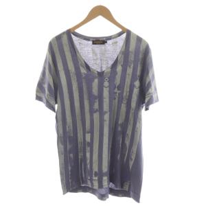 Tシャツ カットソー 半袖 ストライプ柄 Vネック M 紫 白 /RR