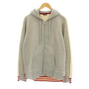 パーカー フーディー 切替 ニット ジップアップ 長袖 ウール混 L グレー アイボリー /KU