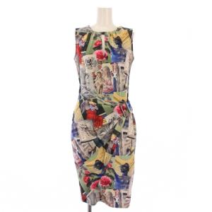 タイトワンピース ミモレ ロング ノースリーブ クルーネック ストレッチ 総柄 36 マルチカラー /BB