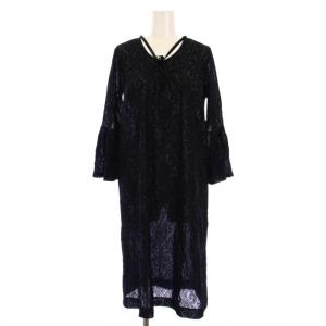 ワンピース ひざ丈 七分袖 刺繍 総柄 リボン付き 9 紺 /BM