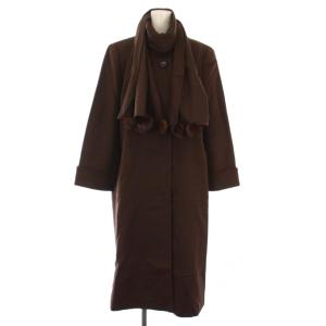 スタンドカラーコート アウター ロング丈 マフラー付き カシミヤ ウール混 ミンクファー 9 茶 ブラウン