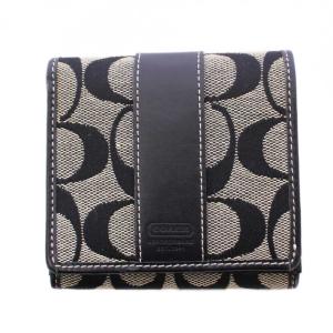 二つ折り財布 コンパクトウォレット 二つ折り キャンバス レザー シグネチャー 黒 ブラック /BB