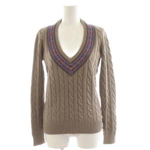 ケーブルニット セーター 長袖 Vネック コットン XS 茶 ブラウン 紫 パープル 200882080002