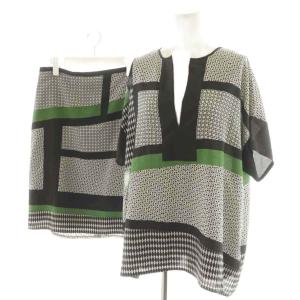 セットアップ シャツ ブラウス 半袖 フレアスカート ひざ丈 総柄 2 黒 ブラック 緑 グリーン /AN48