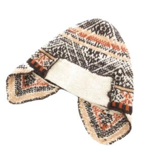 耳当て付きニット帽 KNITGOOFY ビーニー 総柄 ウール 茶 ブラウン ベージュ /GV