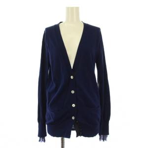 ニットカーディガン 長袖 Vネック ストレッチ 薄手 シルク 装飾 2 紺 ネイビー /BB