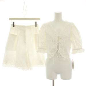24SS セットアップ 上下 カットワーク刺繍リボンブラウス シャツ 五分袖 ショートパンツ ハーフパンツ