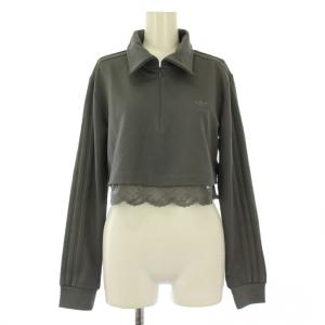 トラックトップ カットソー 長袖 ショート丈 ハーフジップ サイドライン ロゴ 刺繍 レース L グレー