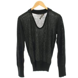 ニット カットソー Vネック ウール ケーブル柄 襟付き 長袖 XS 黒 ブラック /HN