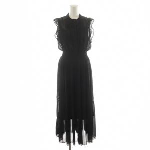 シアードットフリルスリーブワンピース ロング丈 ノースリーブ シースルー リボン 38 黒 ブラック 085-52010