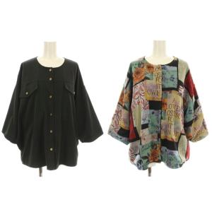iS シフォンパッチワーク柄リバーシブルシャツ ノーカラー 七分袖 M 黒 ブラック マルチカラー /KU